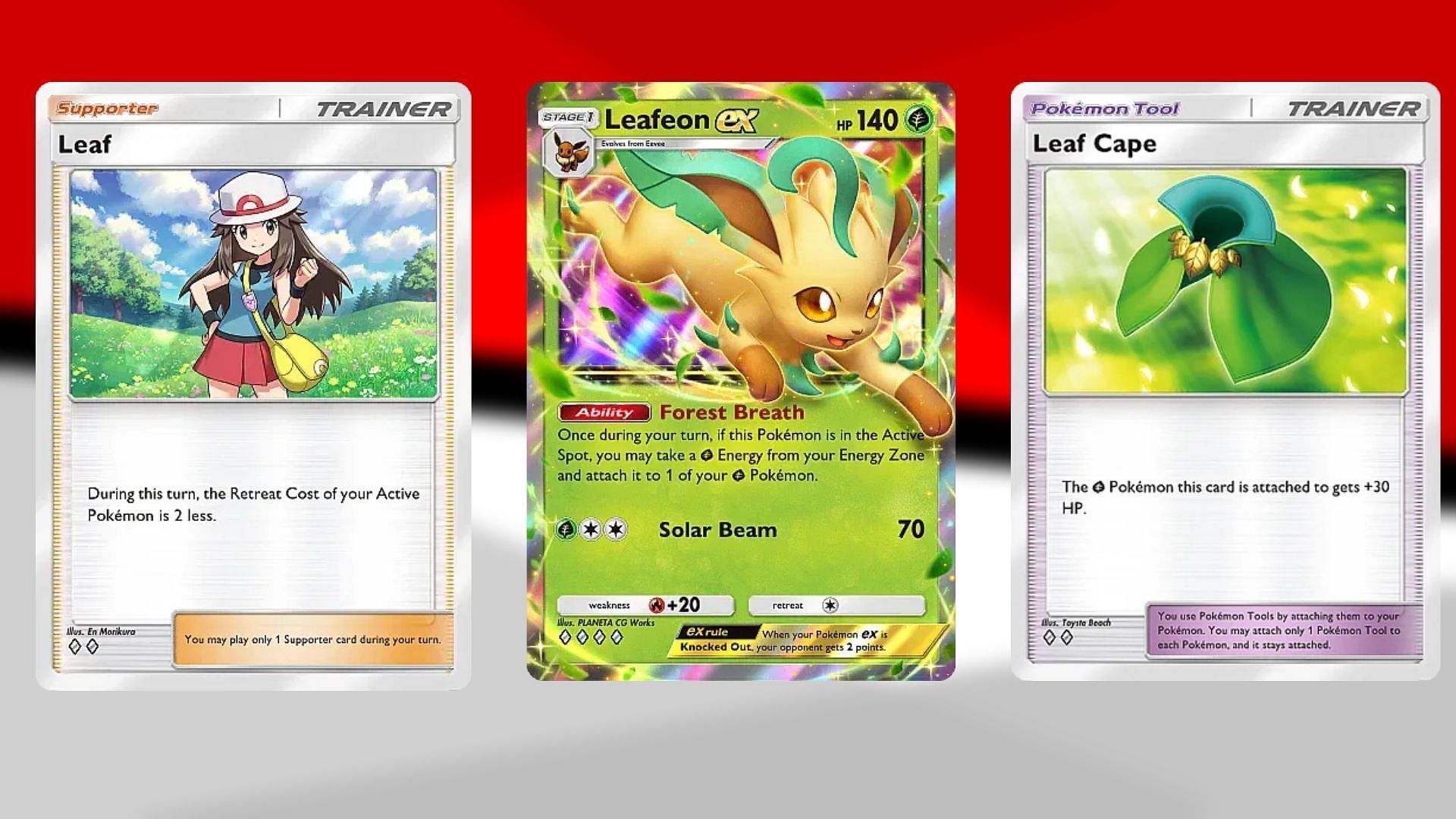 Leaf, Leafeon ex, and Leaf Cape in PTCGP (Image via TPC)